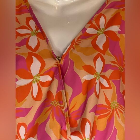 Pink Lily Floral Romper in Pink and Orange Sz Small - Picture 2 of 7